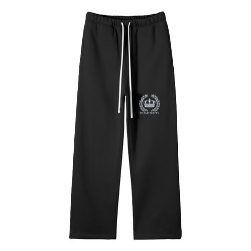 Model wearing the black DOMIN8NY Crown straight-leg pants, video preview
