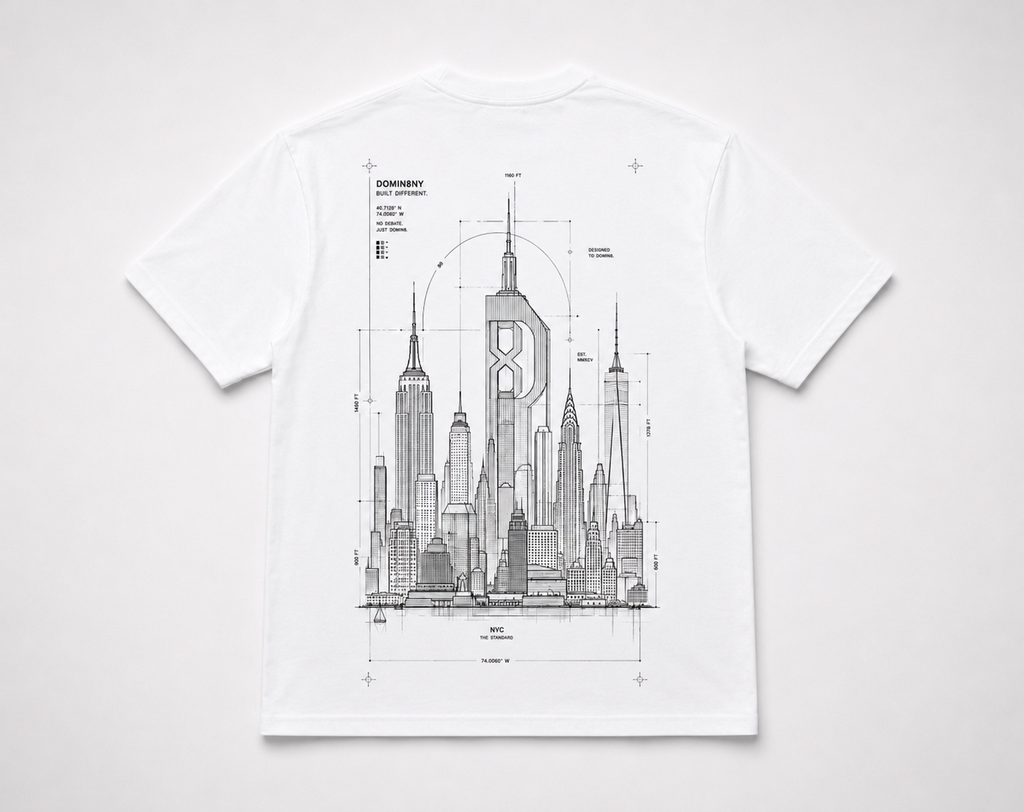 Model wearing the black DOMIN8NY NYC Architect T-shirt, video preview