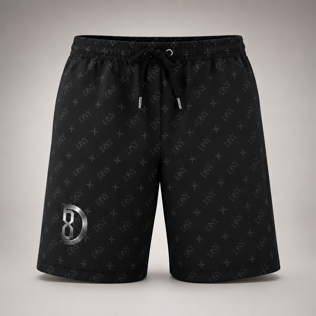 Model wearing the DOMIN8NY lined beach shorts, video preview