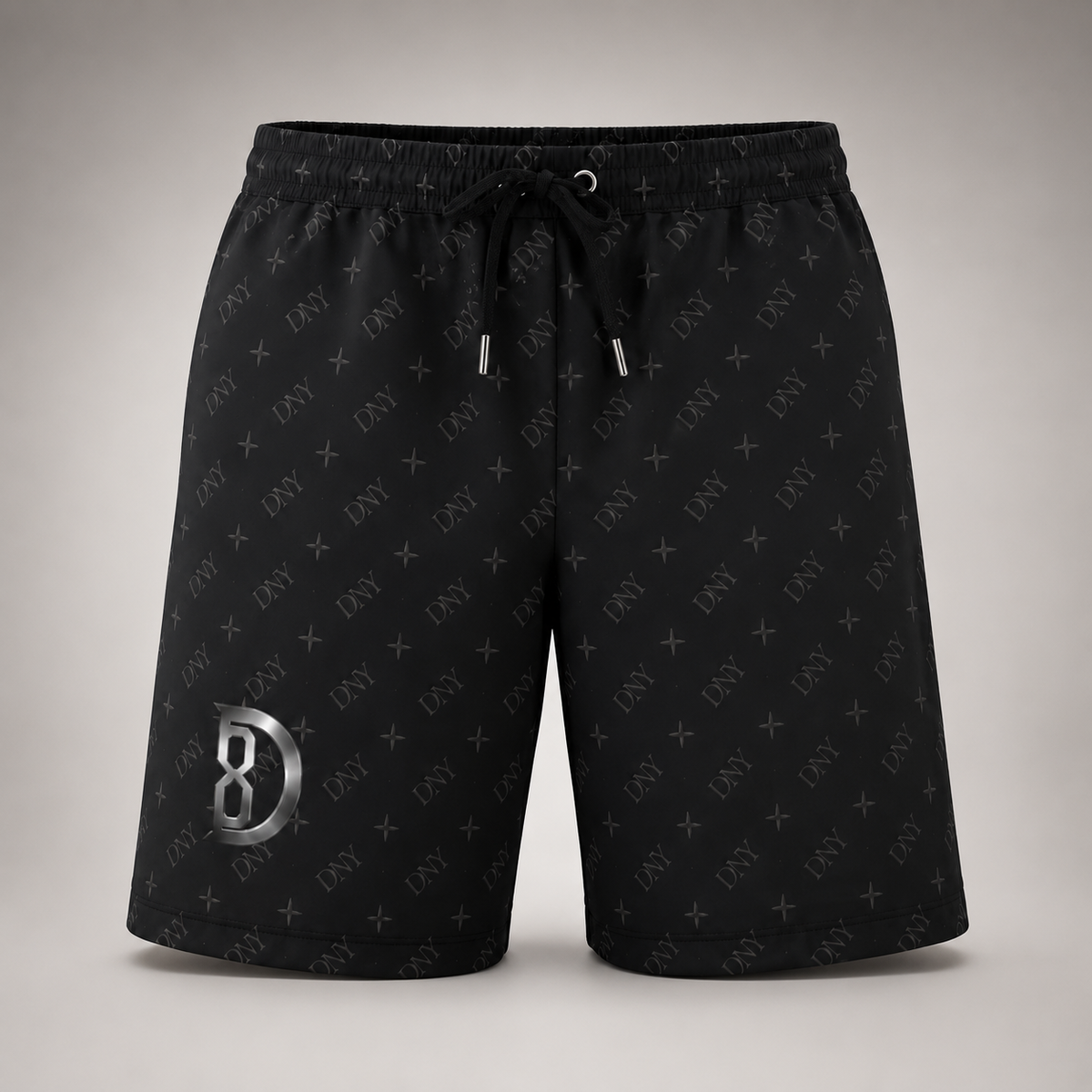 Model wearing the DOMIN8NY lined beach shorts, video preview