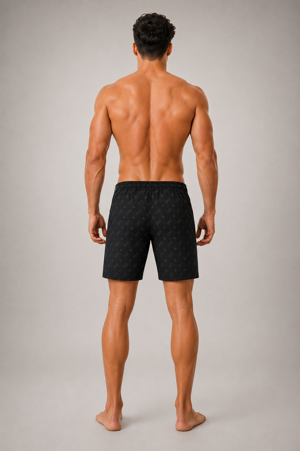 DOMIN8NY men's lined beach shorts, lifestyle view
