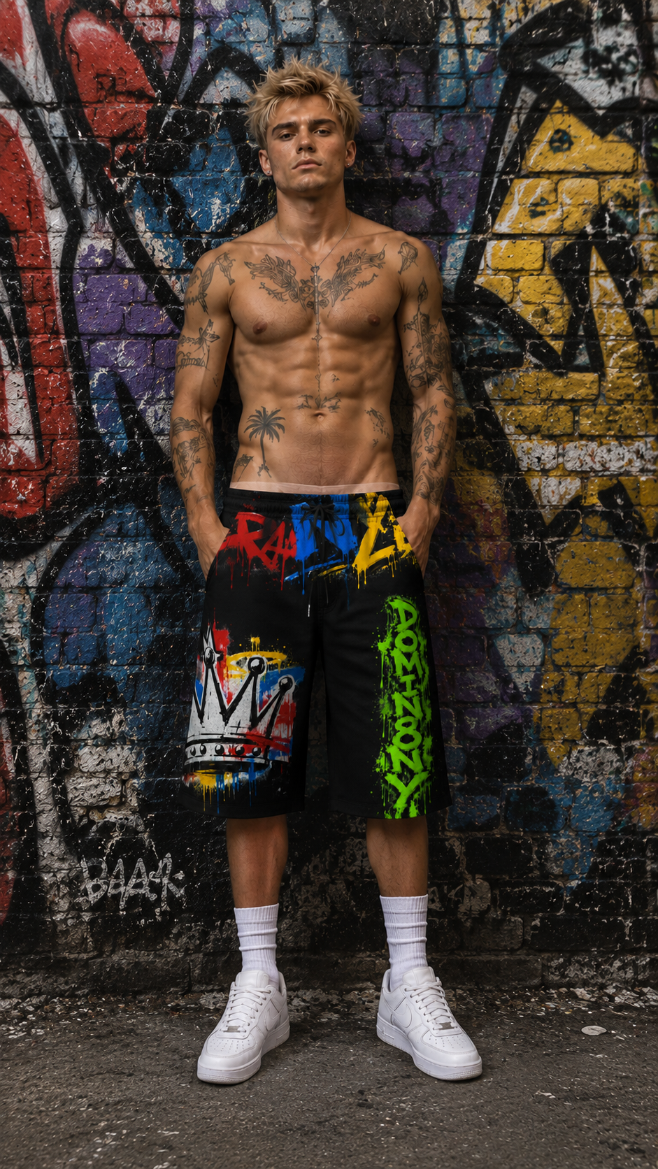 DOMIN8NY Graffiti Crown Over-the-Knee Shorts