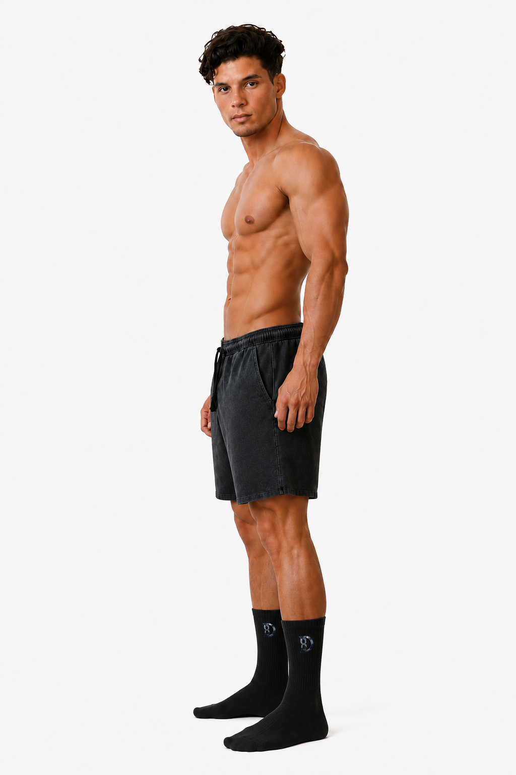 Model wearing DOMIN8NY embroidered knee-high socks