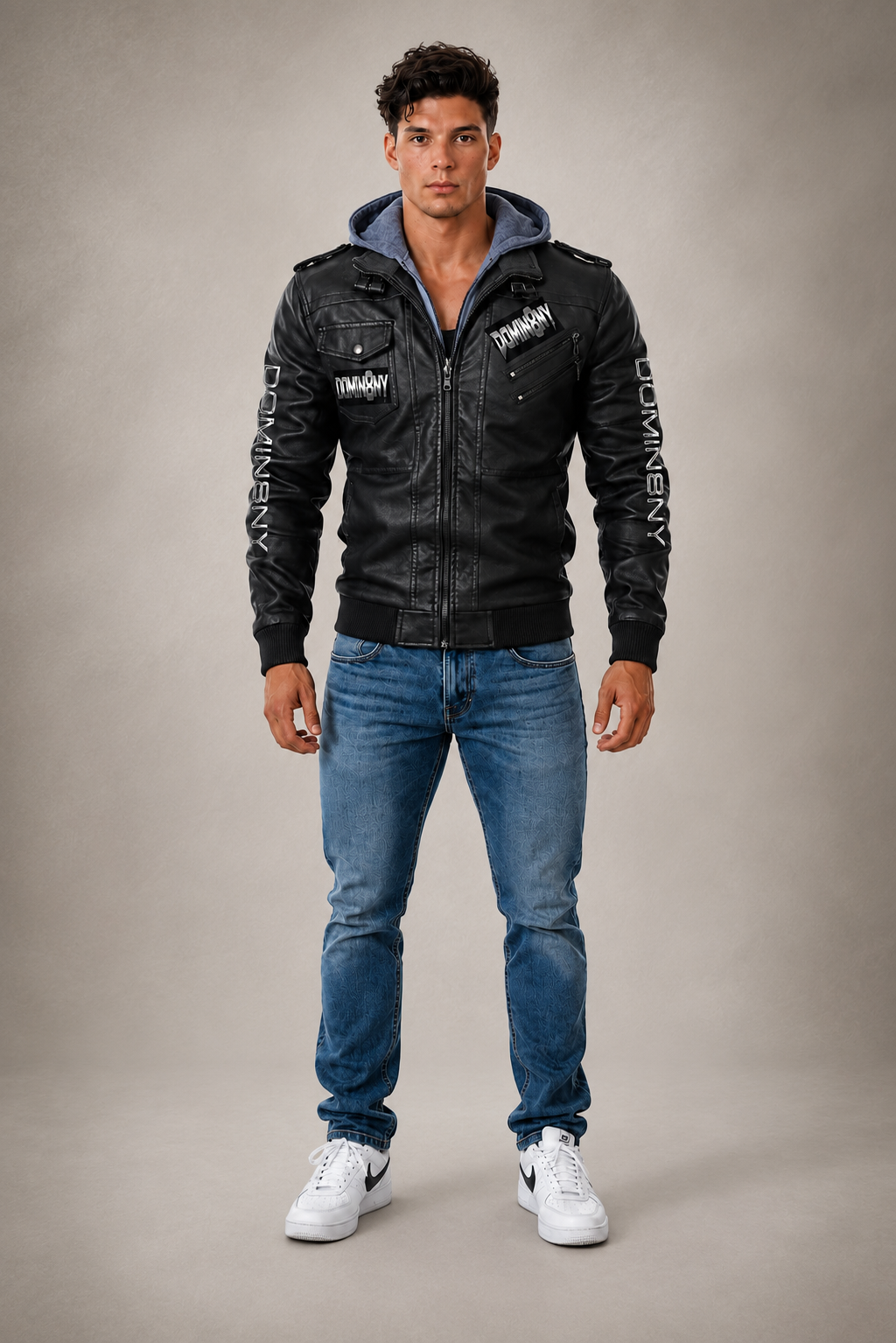 Black DOMIN8NY men's hooded zip-up jacket, back product view