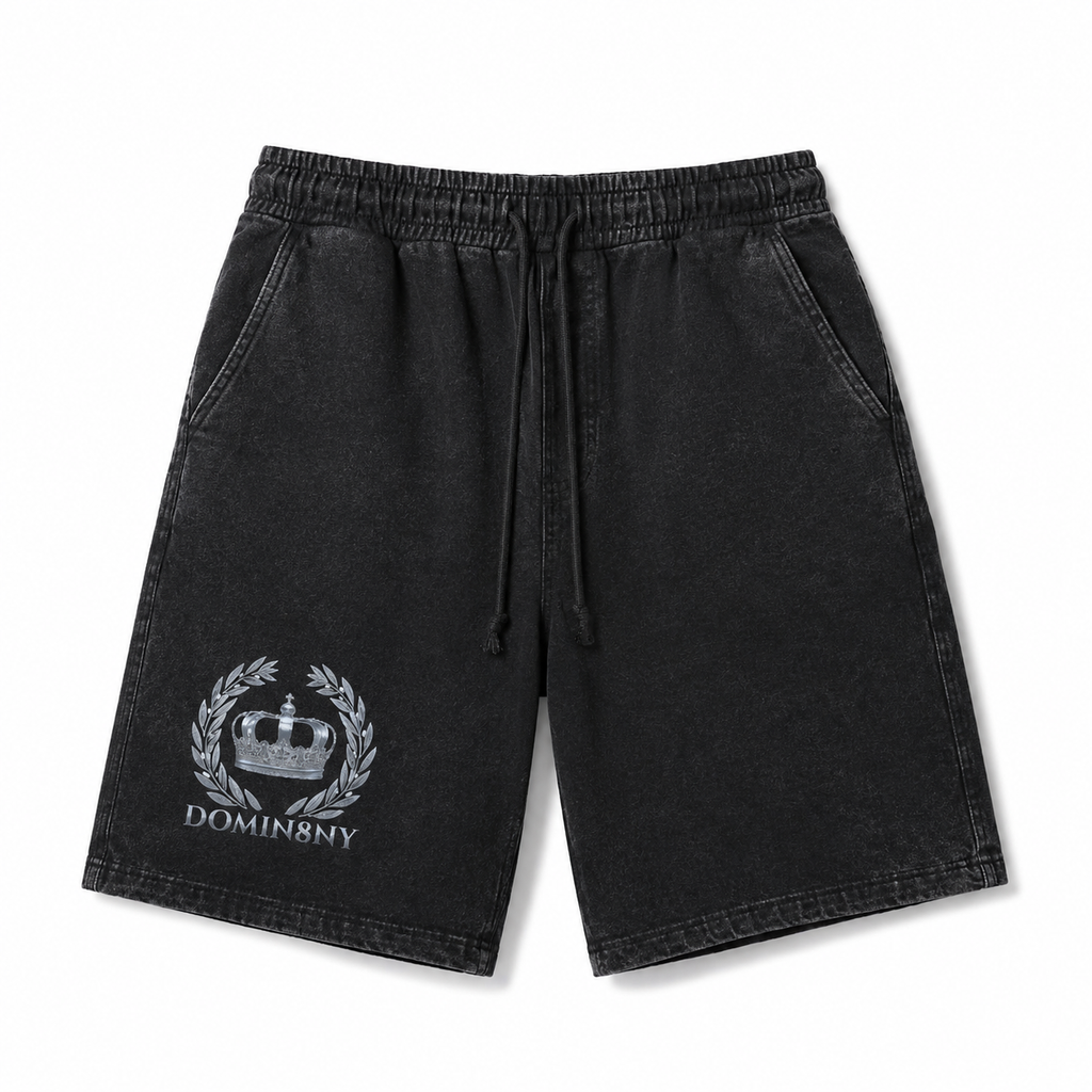Model wearing the black DOMIN8NY Crown vintage-wash shorts, video preview