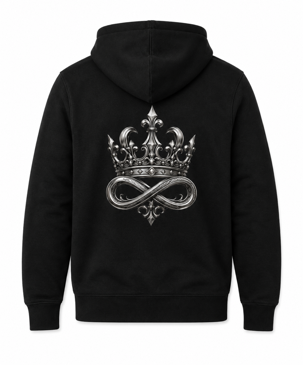 Model wearing the black DOMIN8NY Crown fleece hoodie, video preview