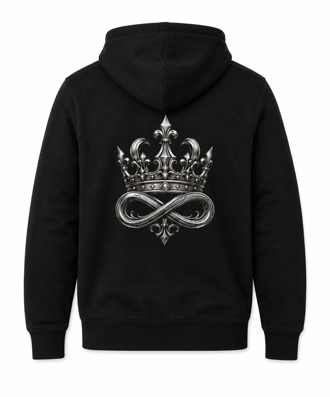 Model wearing the black DOMIN8NY Crown fleece hoodie, video preview