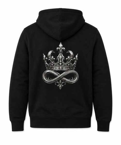 Model wearing the black DOMIN8NY Crown fleece hoodie, video preview