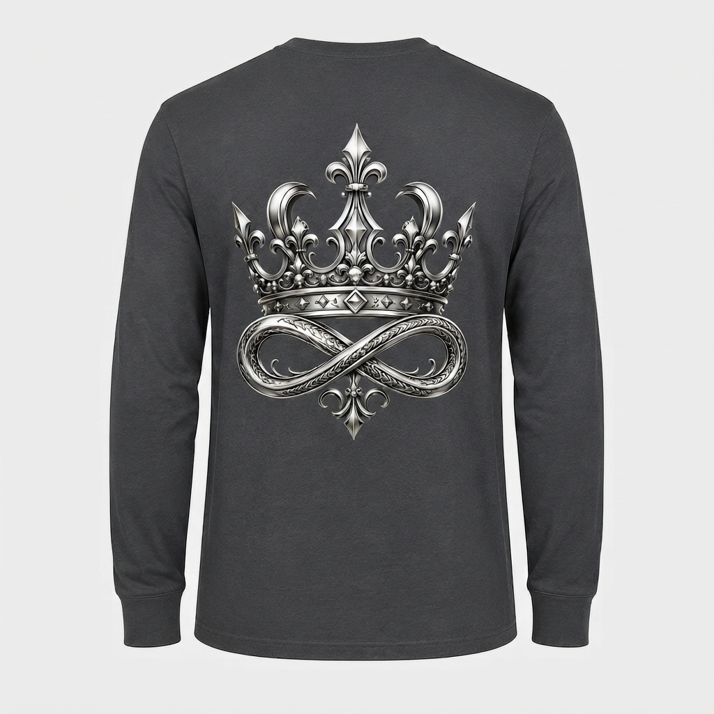 Model wearing the black DOMIN8NY Crown long-sleeve T-shirt, video preview