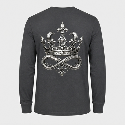 Model wearing the black DOMIN8NY Crown long-sleeve T-shirt, video preview