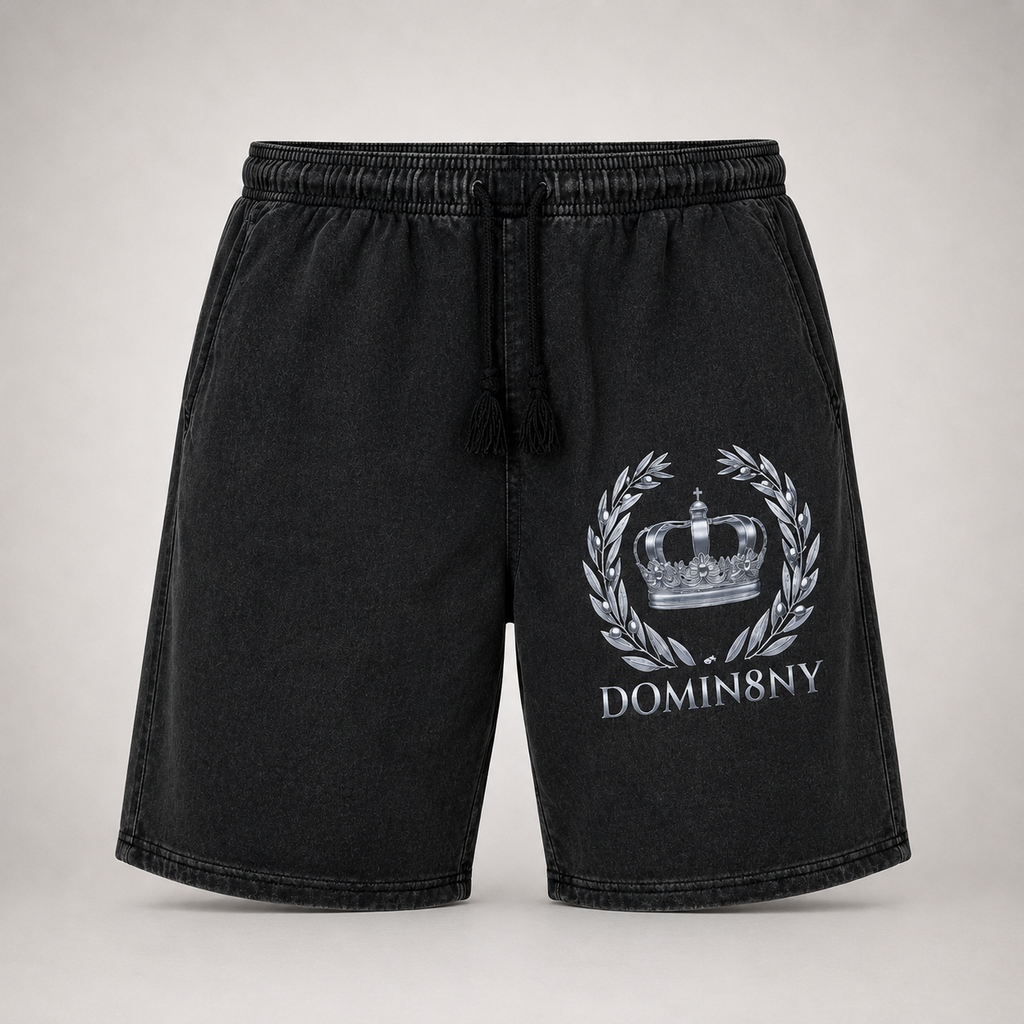 Model wearing the black DOMIN8NY Crown casual shorts, video preview