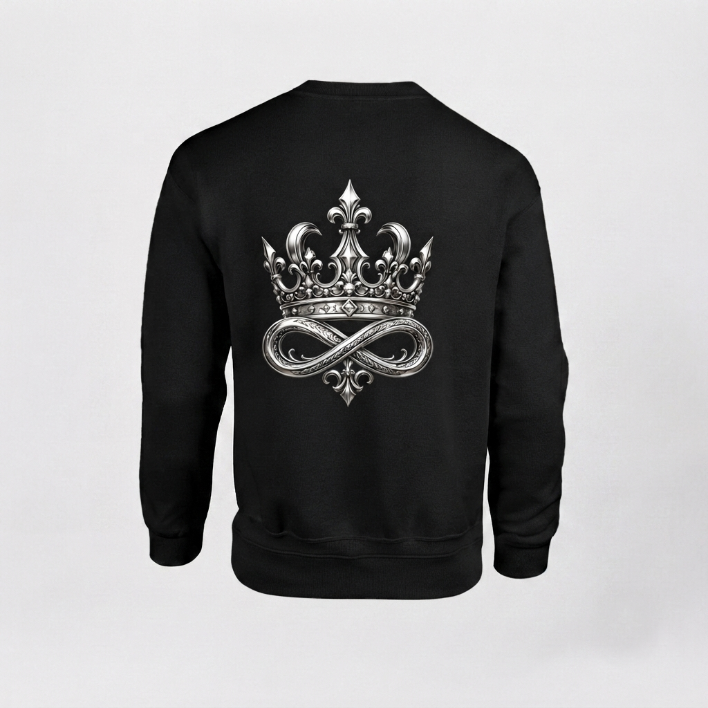 Model wearing the black DOMIN8NY Crown graphic sweatshirt, video preview