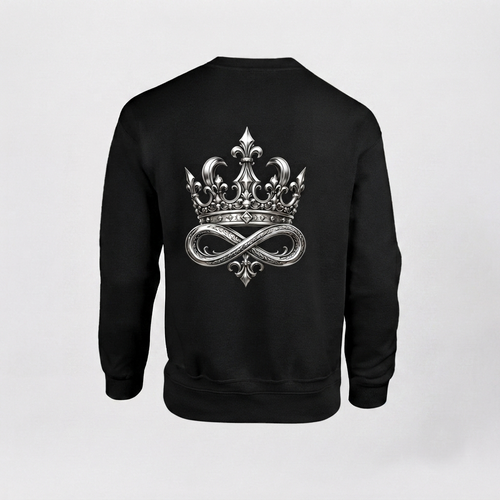 Model wearing the black DOMIN8NY Crown graphic sweatshirt, video preview