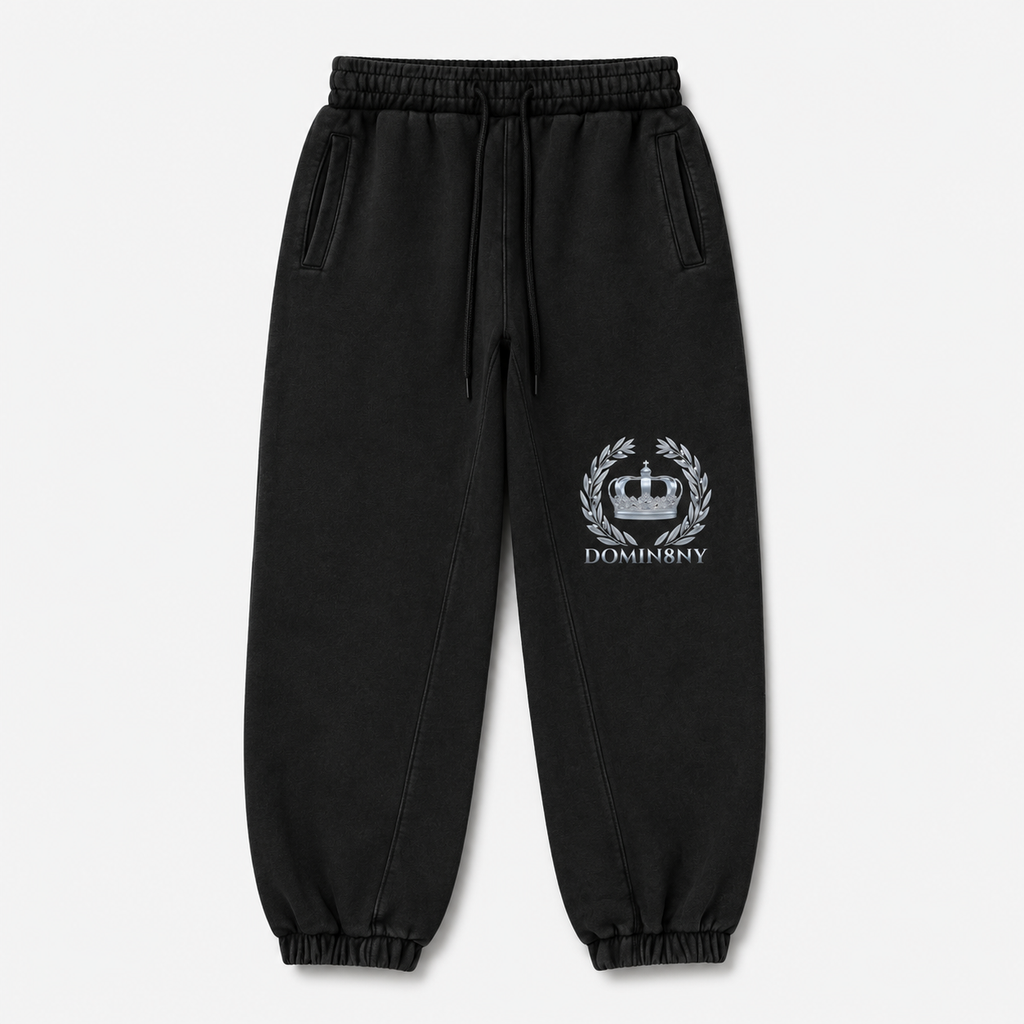 Model wearing the black DOMIN8NY Crown fleece sweatpants, video preview