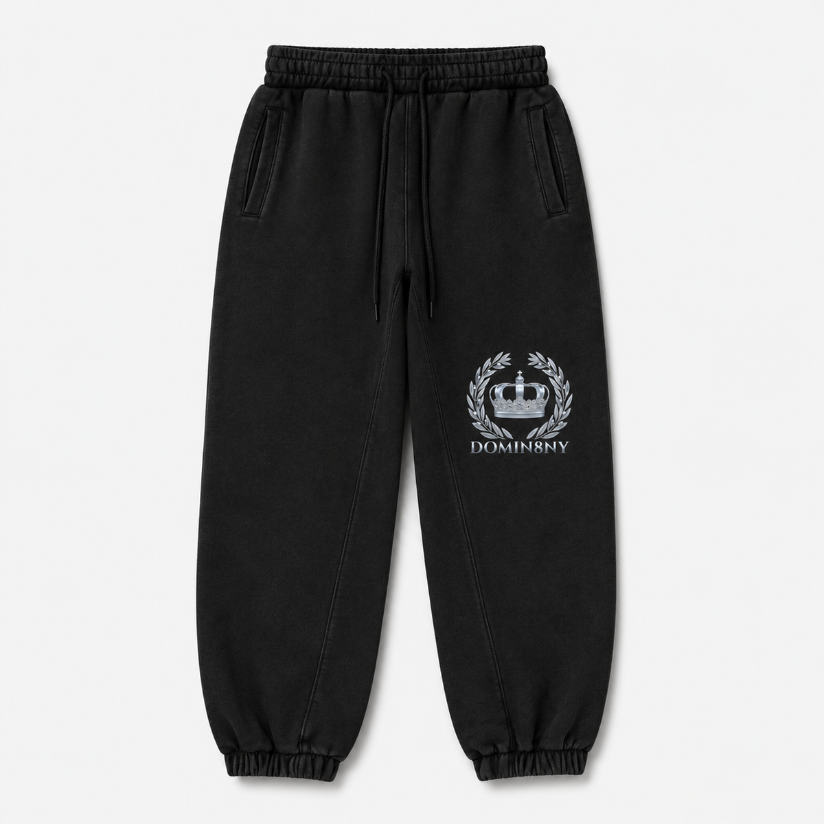 Model wearing the black DOMIN8NY Crown fleece sweatpants, video preview