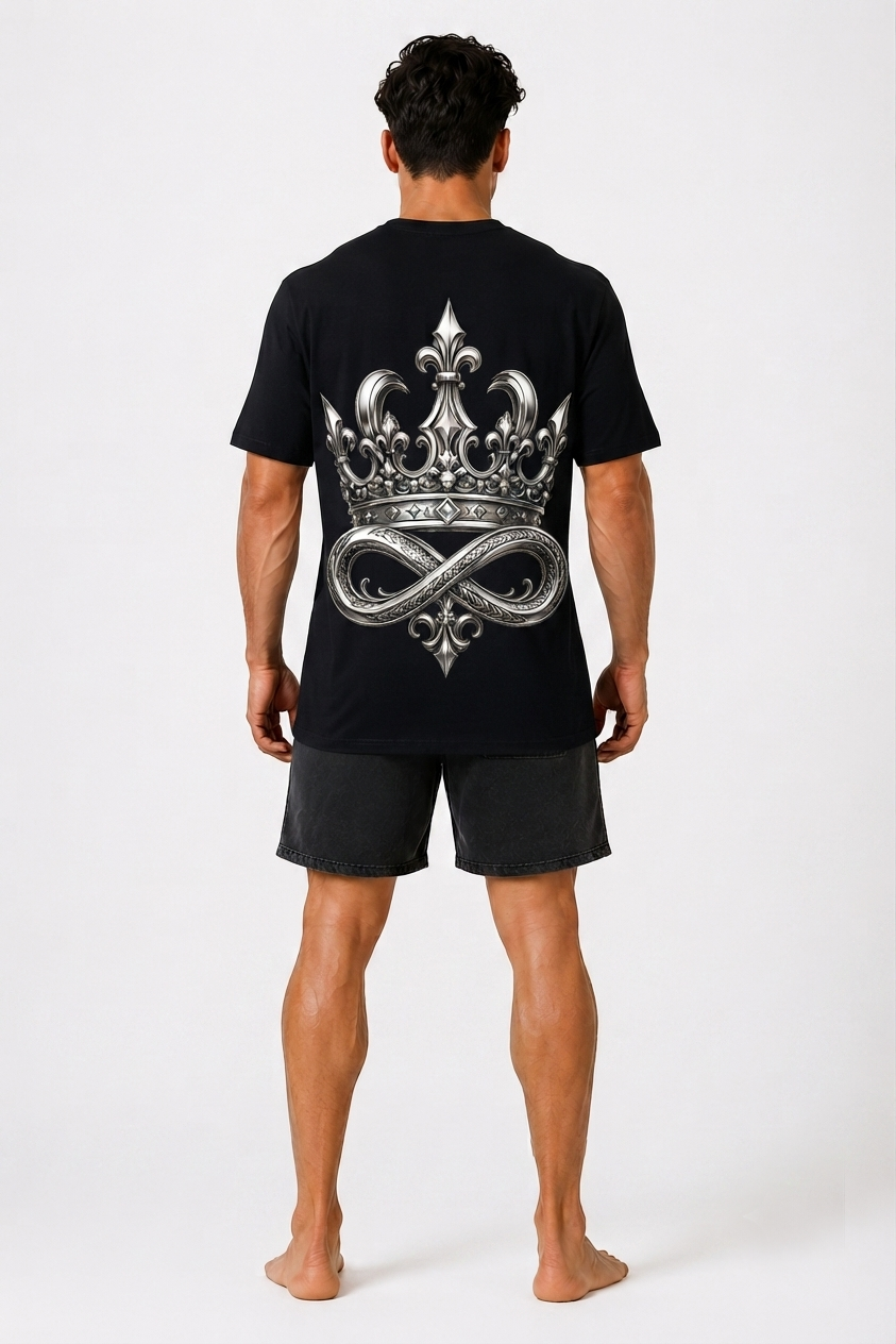 Model wearing the DOMIN8NY Crown graphic T-shirt, back view