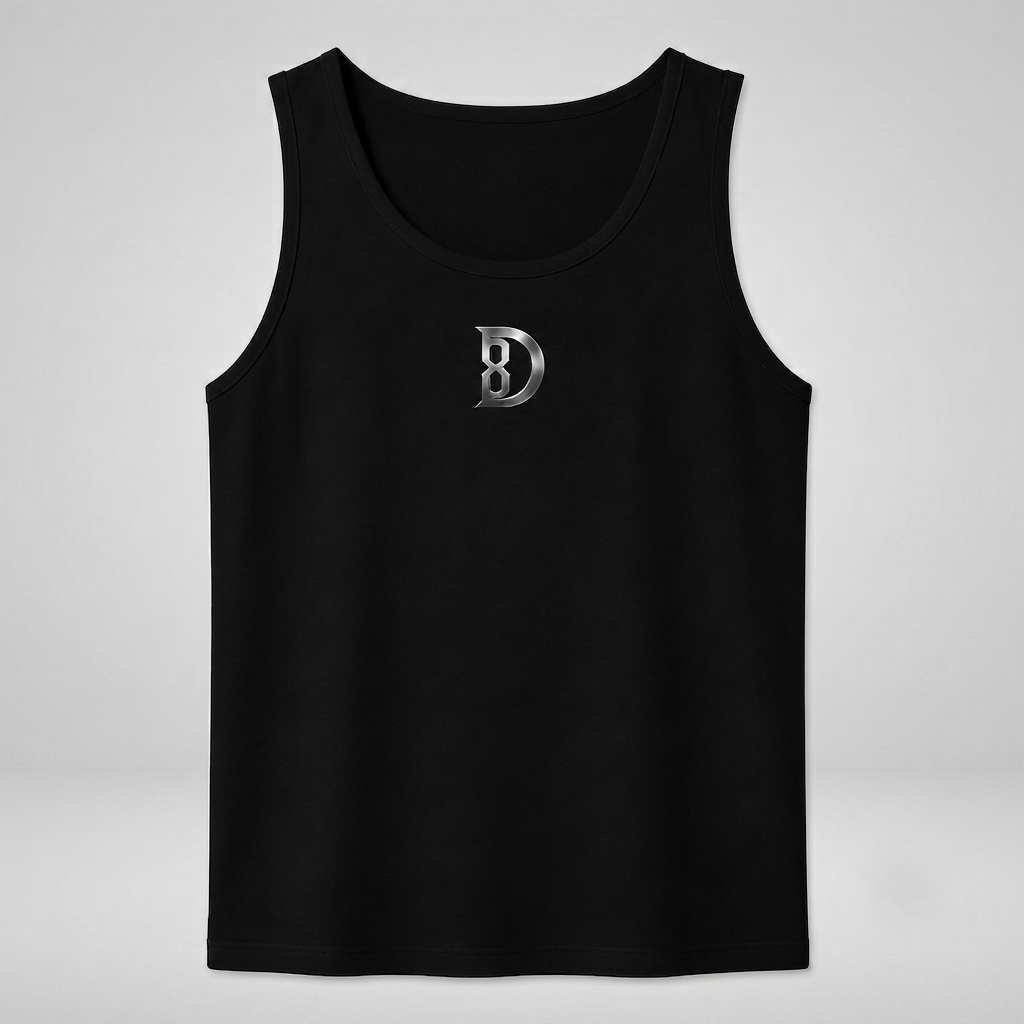 Model wearing the black DOMIN8NY Crown graphic tank top, front view