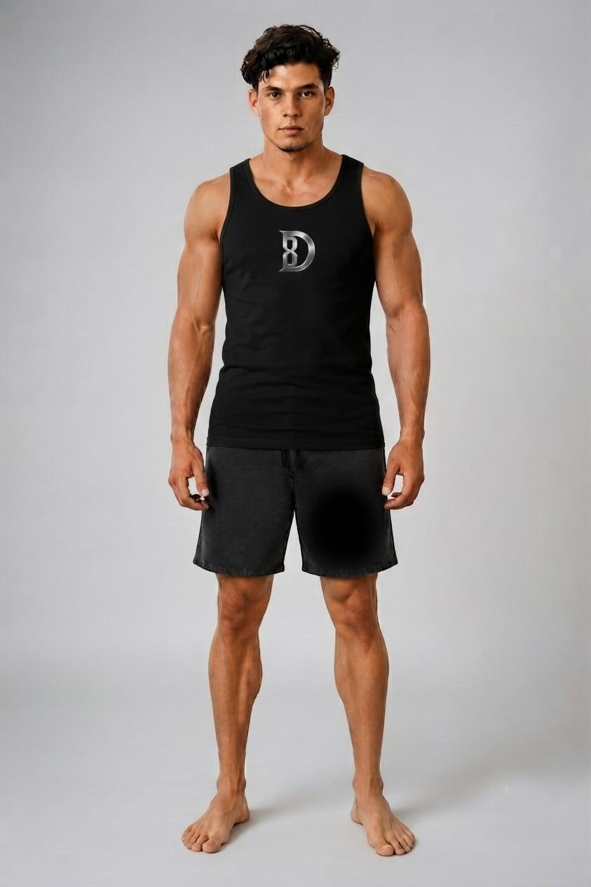 Model wearing the DOMIN8NY Crown tank top outdoors, back lifestyle view