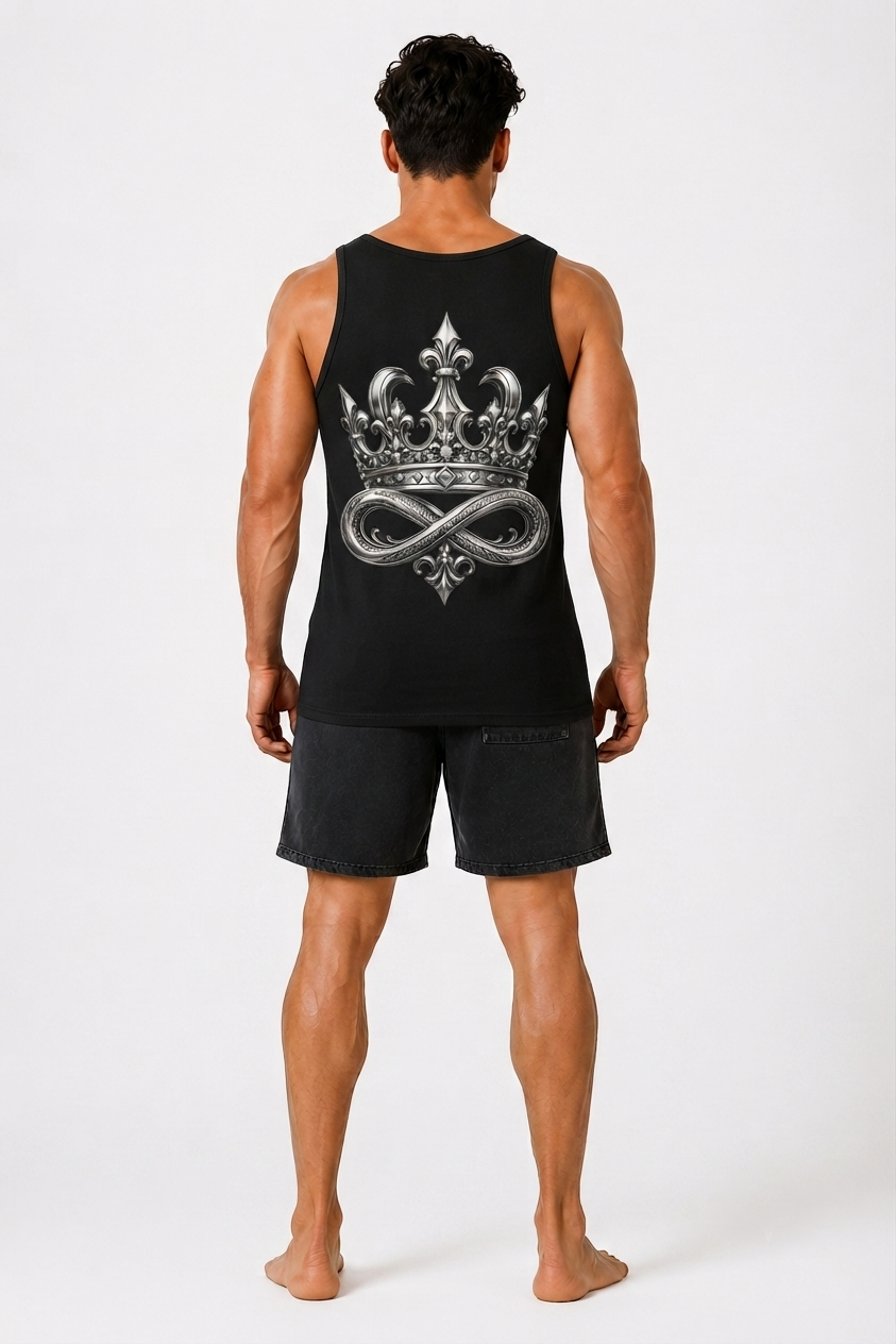 Model wearing the black DOMIN8NY Crown graphic tank top, opposite side profile