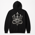 Model wearing the black DOMIN8NY Crown zip-up hoodie, video preview