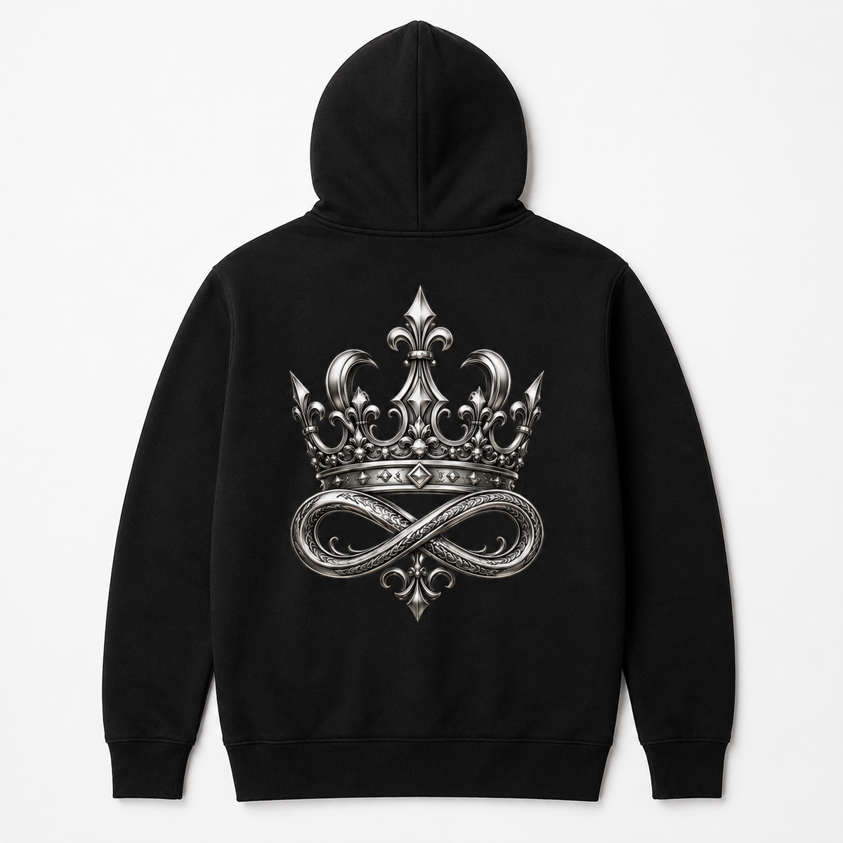 Model wearing the black DOMIN8NY Crown zip-up hoodie, video preview