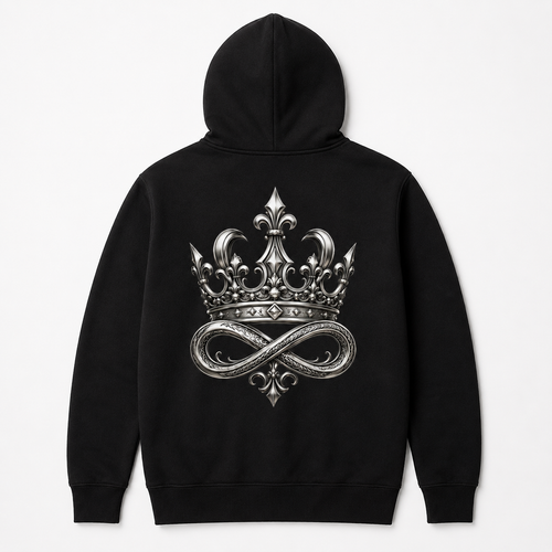 Model wearing the black DOMIN8NY Crown zip-up hoodie, video preview
