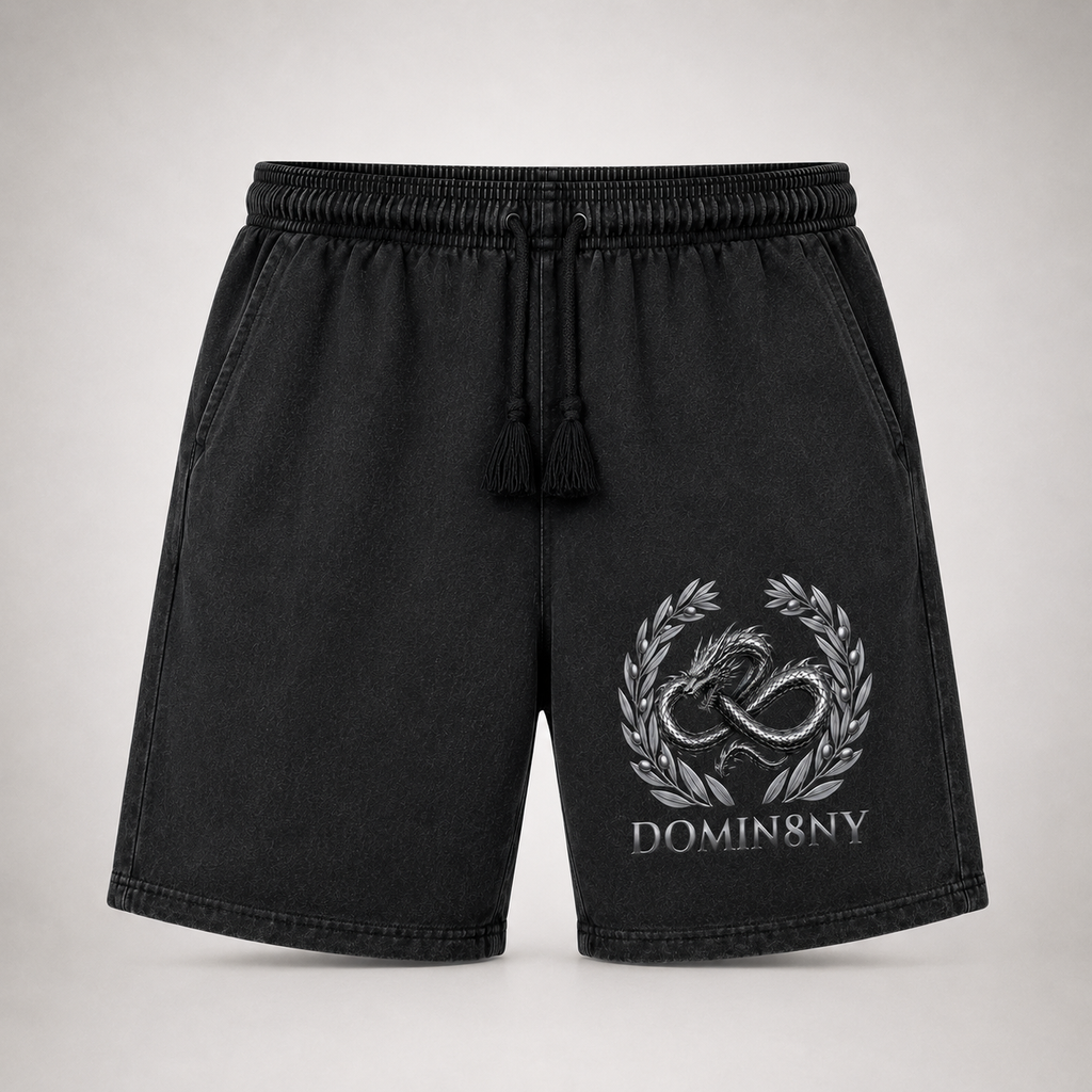 Model wearing the black DOMIN8NY Dragon casual shorts, video preview