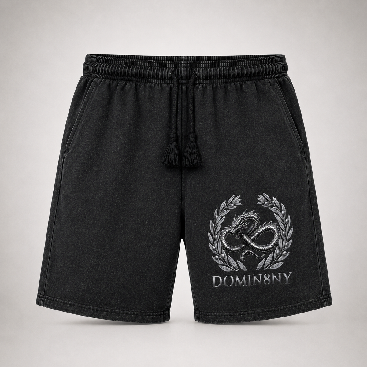 Model wearing the black DOMIN8NY Dragon casual shorts, video preview