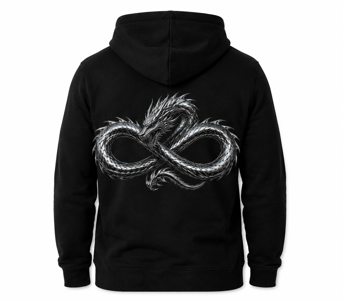 Model wearing the black DOMIN8NY Dragon fleece hoodie, video preview