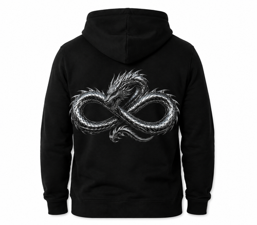 Model wearing the black DOMIN8NY Dragon fleece hoodie, video preview
