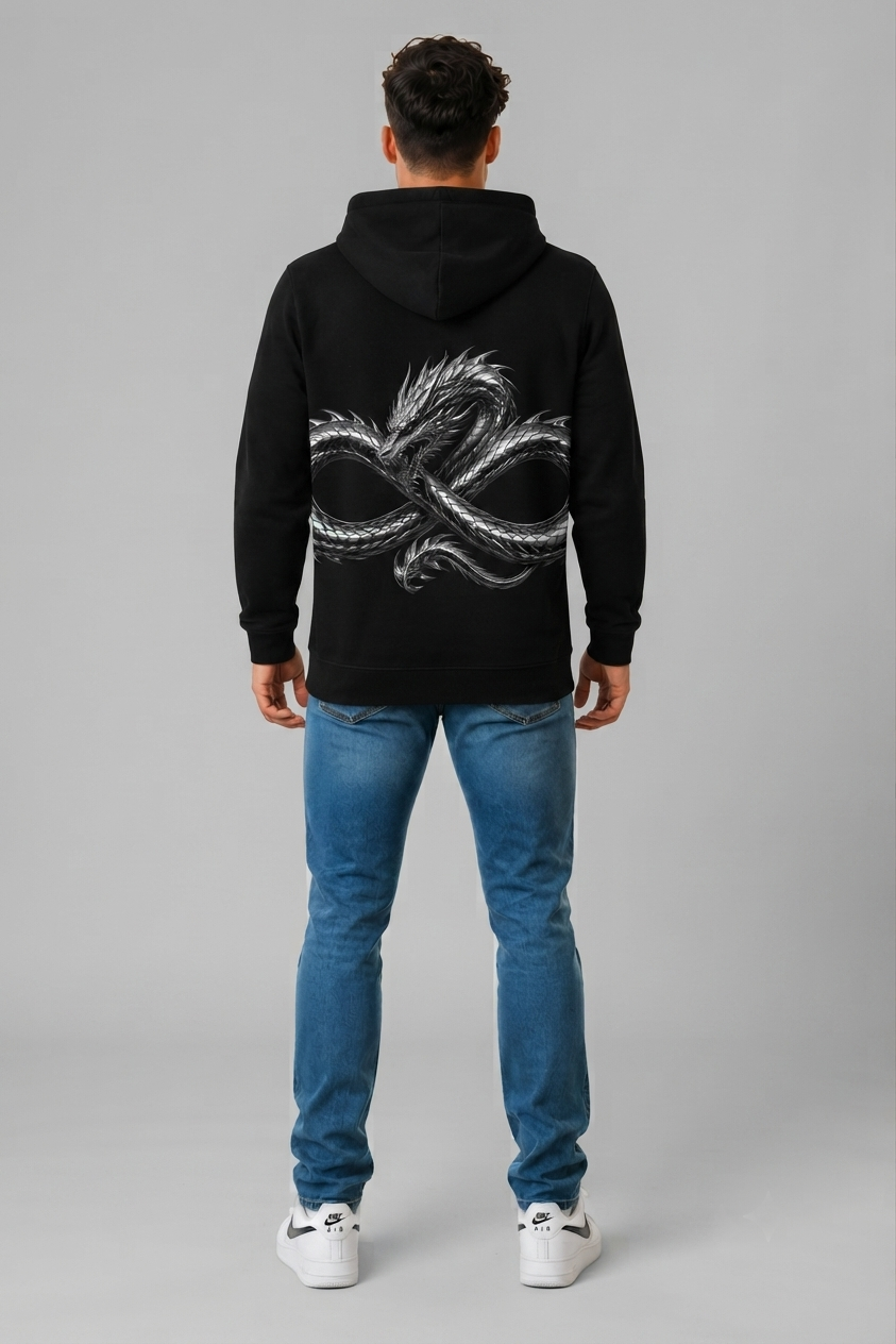 DOMIN8NY Dragon graphic fleece hoodie, alternate lifestyle view