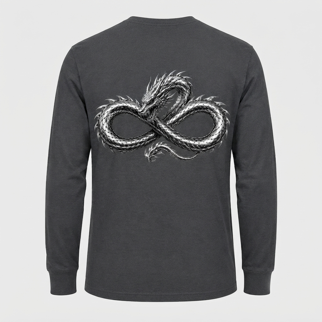 Model wearing the black DOMIN8NY Dragon long-sleeve T-shirt, video preview