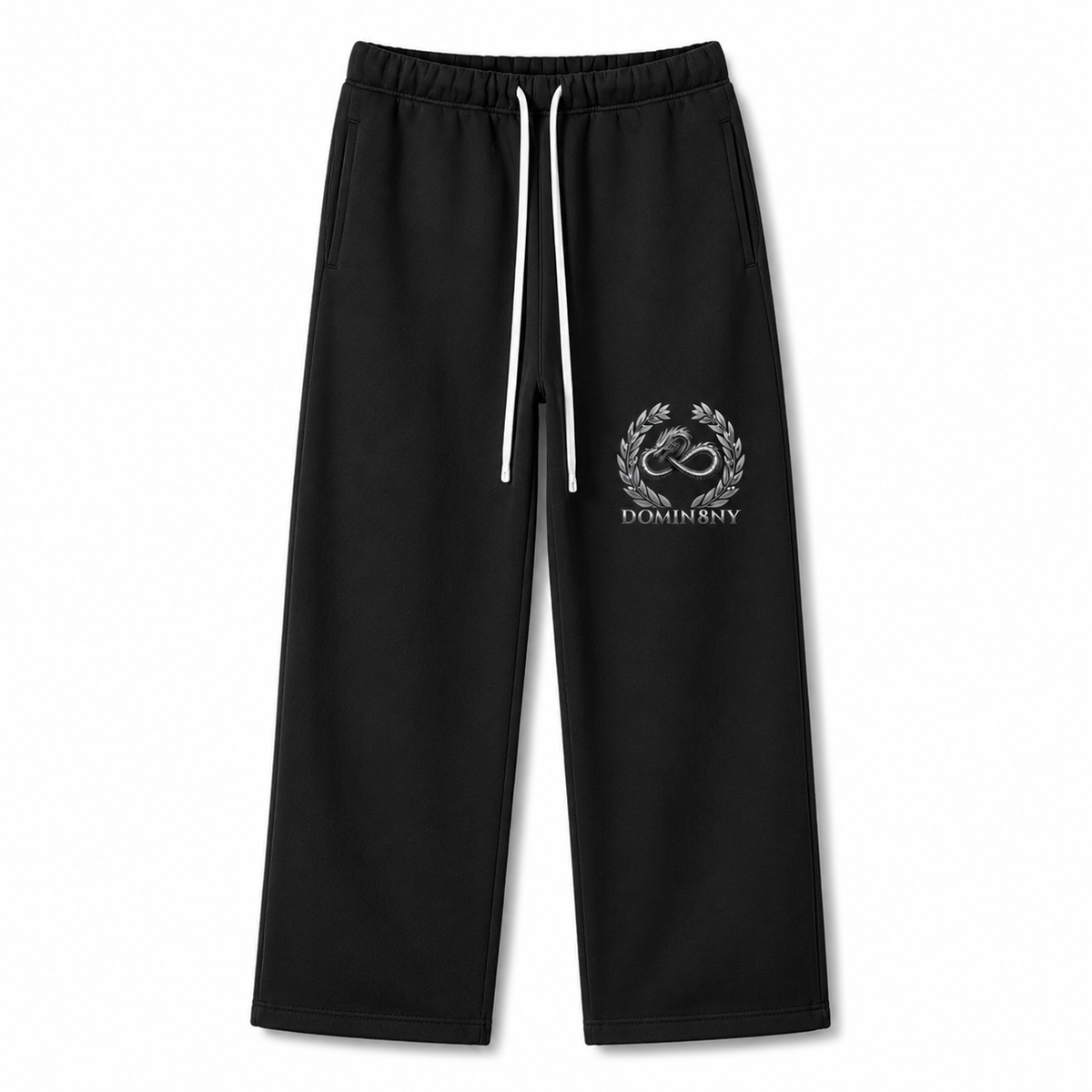 Model wearing the black DOMIN8NY Dragon straight-leg pants, video preview