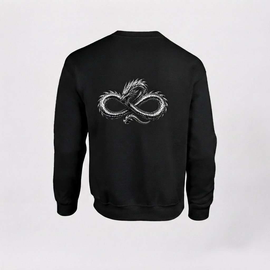 Model wearing the black DOMIN8NY Dragon graphic sweatshirt, video preview