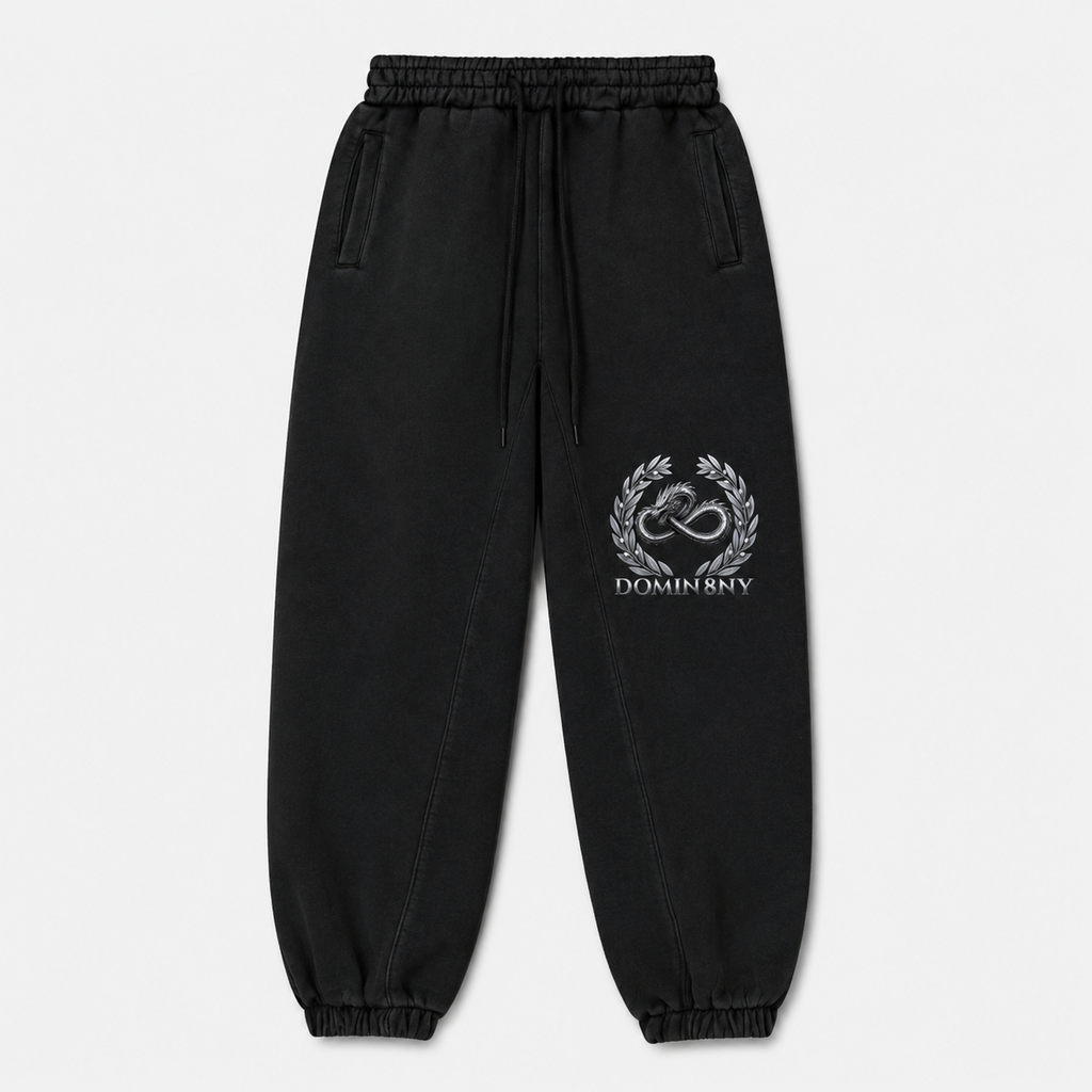 Model wearing the black DOMIN8NY Dragon fleece sweatpants, front view
