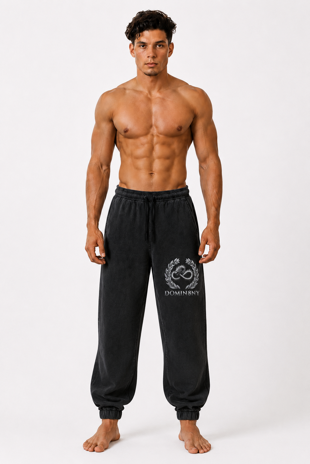 Model wearing the black DOMIN8NY Dragon fleece sweatpants, alternate side view