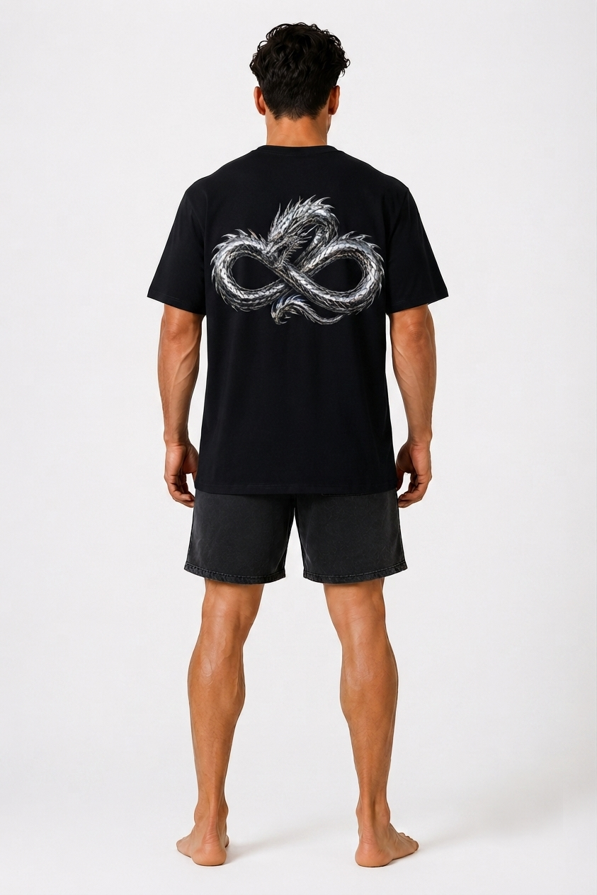 Model wearing the DOMIN8NY Dragon graphic T-shirt, back view