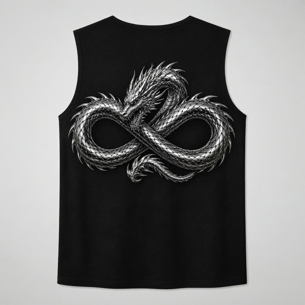 Model wearing the black DOMIN8NY Dragon graphic tank top, video preview