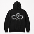 Model wearing the black DOMIN8NY Dragon zip-up hoodie, video preview