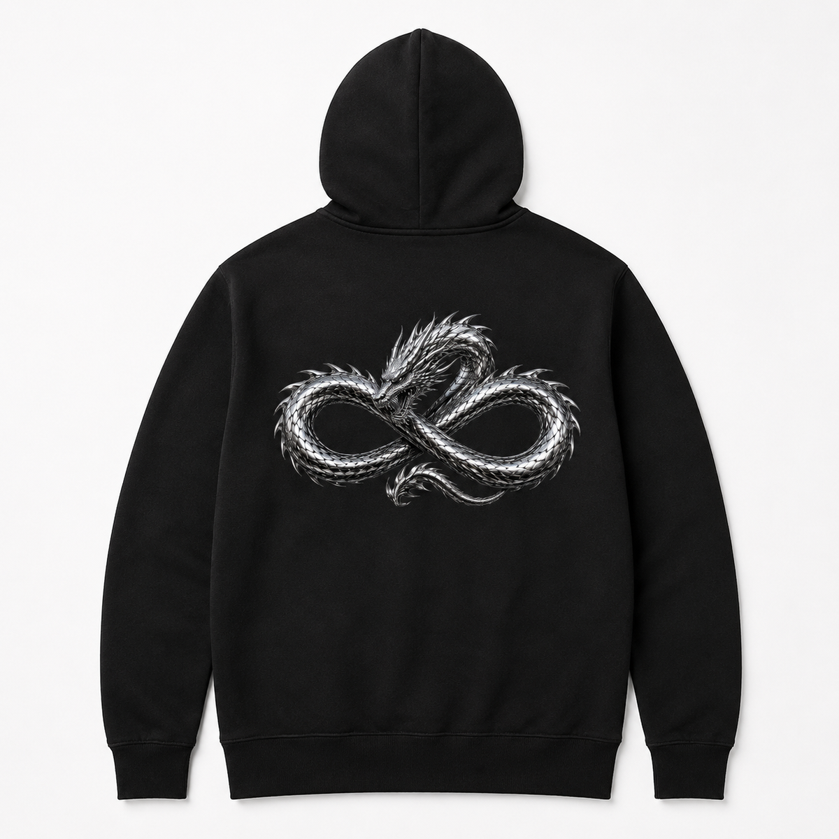Model wearing the black DOMIN8NY Dragon zip-up hoodie, video preview