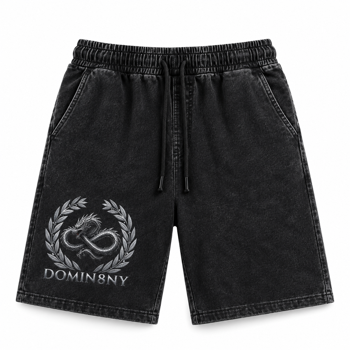 Model wearing the black DOMIN8NY Dragon vintage-wash shorts, video preview