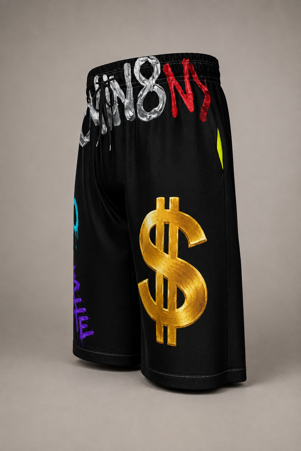 DOMIN8NY Graffiti Dollar Sign Over-the-Knee Shorts