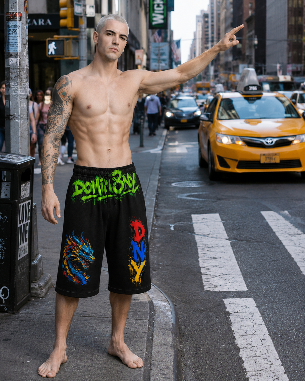 DOMIN8NY Graffiti Dragon Over-the-Knee Shorts