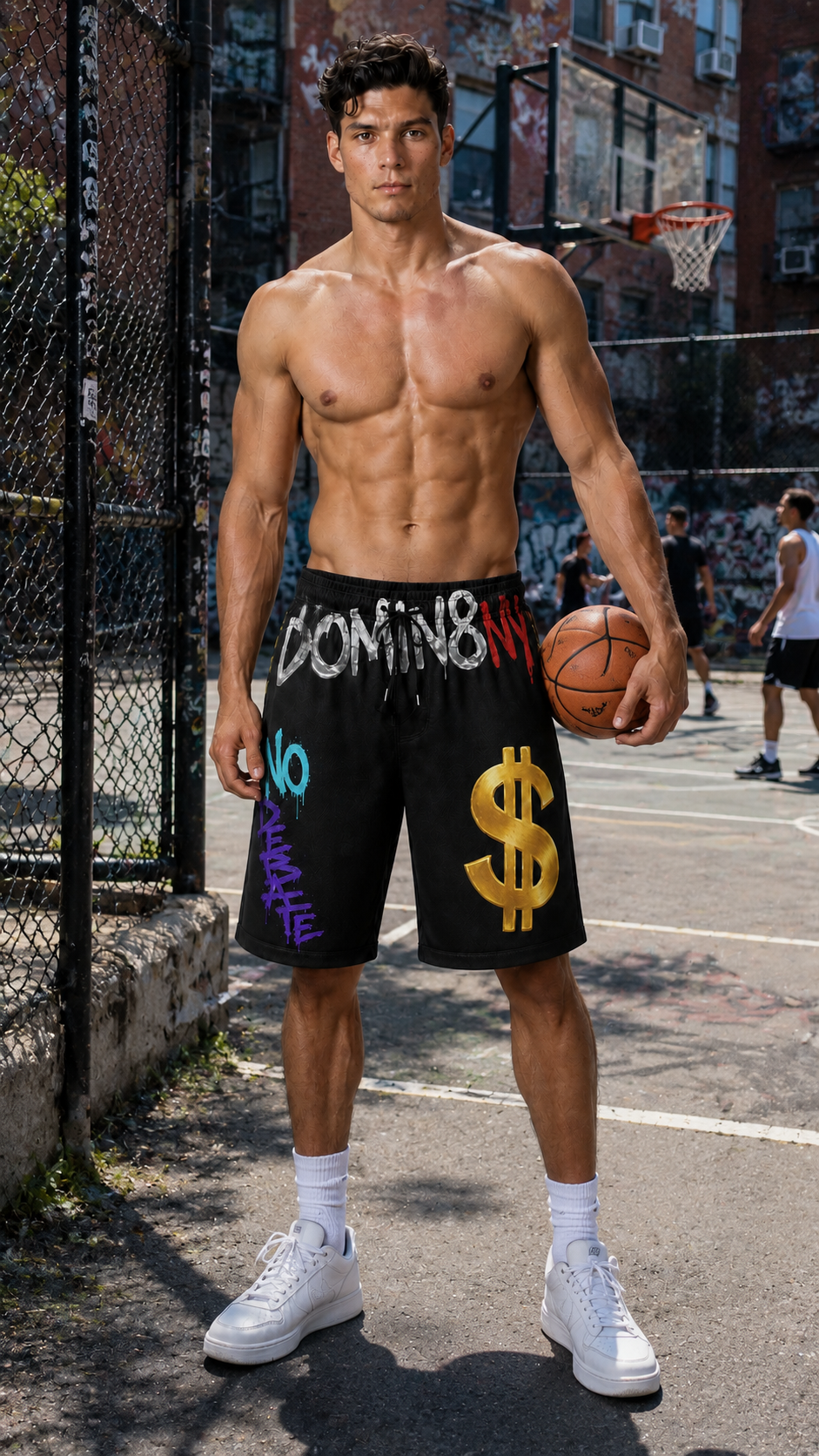 DOMIN8NY Graffiti Dollar Sign Over-the-Knee Shorts