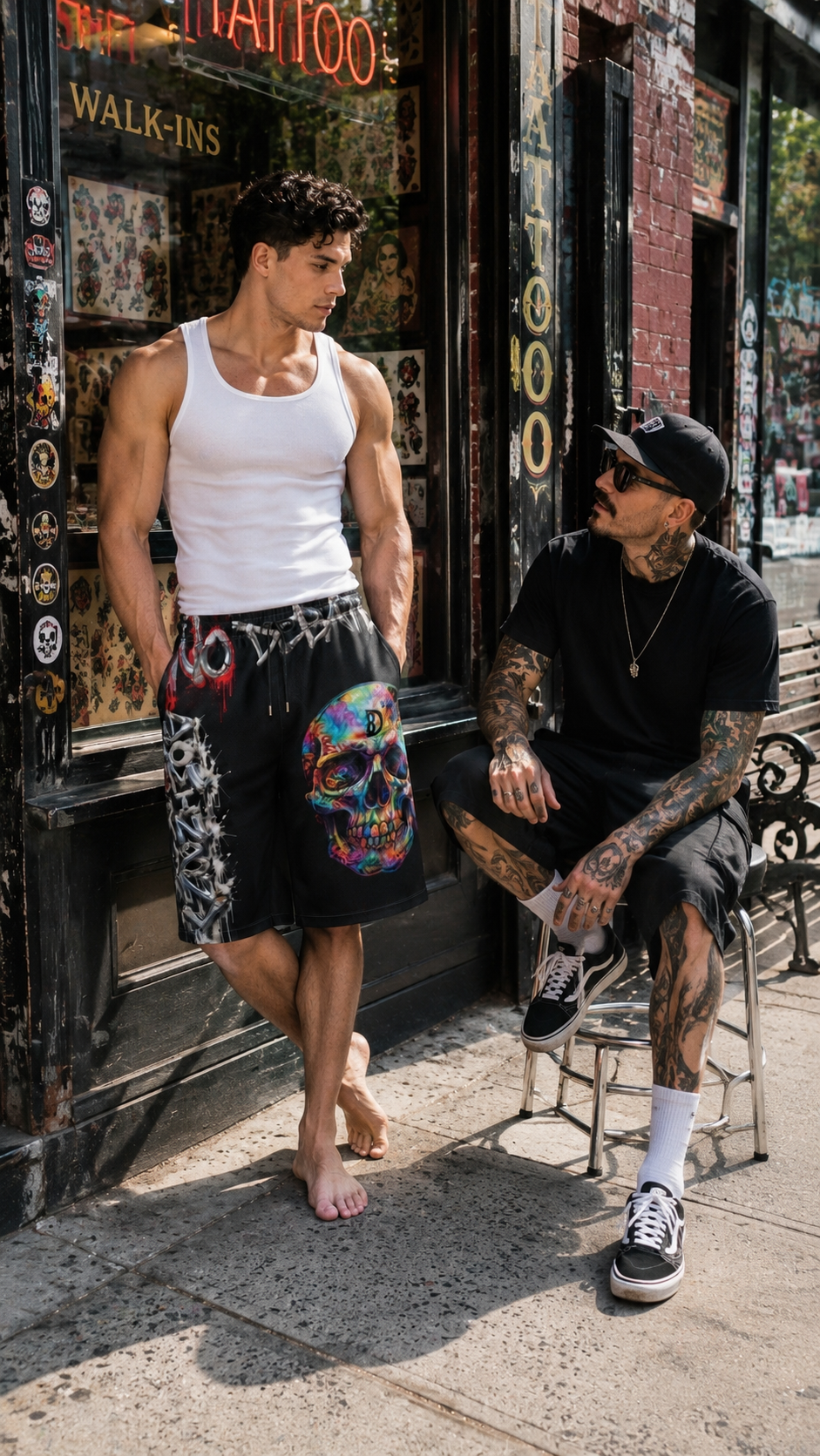 DOMIN8NY Graffiti Skull Over-the-Knee Shorts
