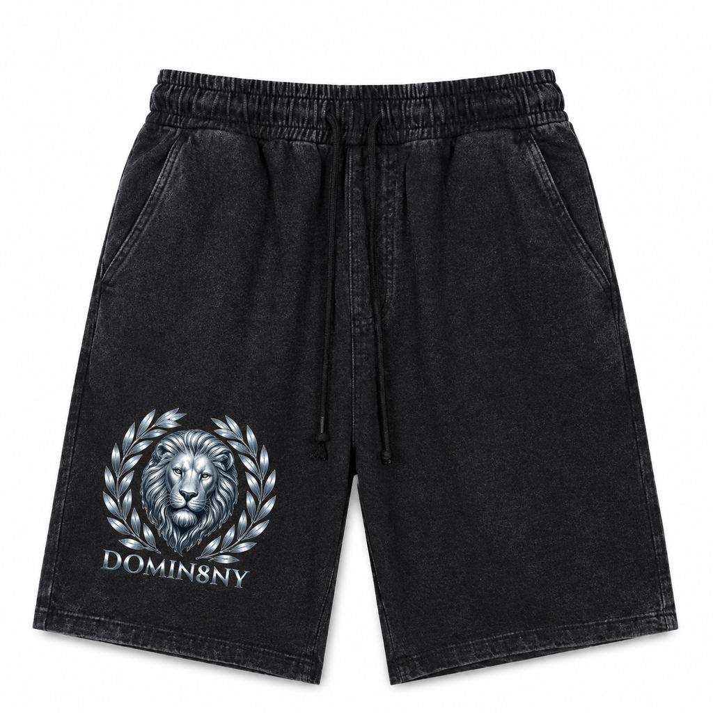 Model wearing the black DOMIN8NY Lion vintage-wash shorts, video preview