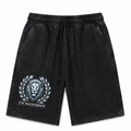 Model wearing the black DOMIN8NY Lion vintage-wash shorts, video preview