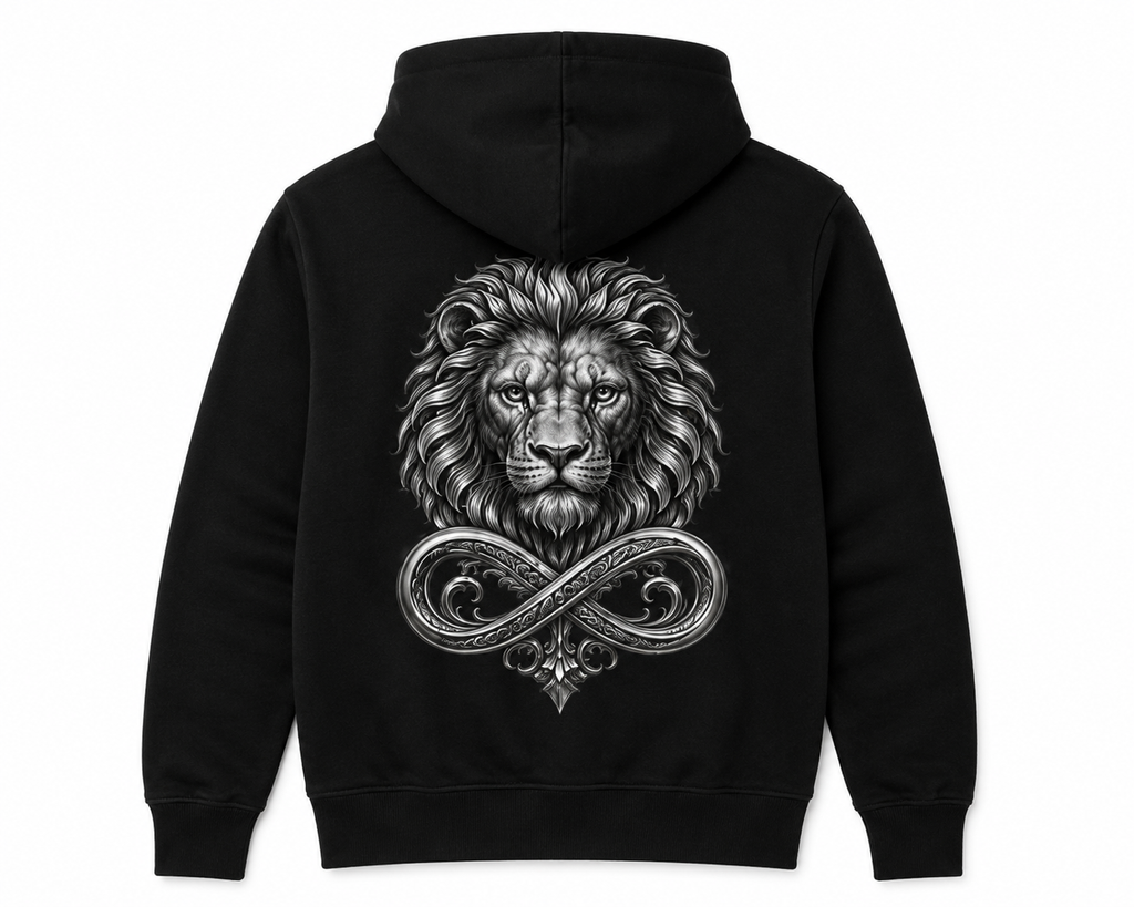 Model wearing the black DOMIN8NY Lion fleece hoodie, video preview