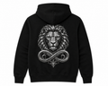 Model wearing the black DOMIN8NY Lion fleece hoodie, video preview