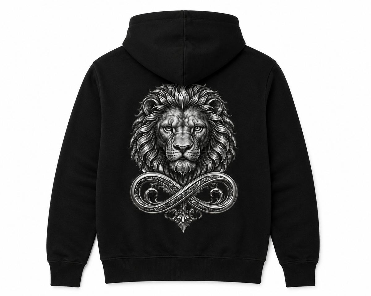 Model wearing the black DOMIN8NY Lion fleece hoodie, video preview